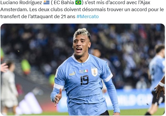 记者：巴伊亚21岁前锋罗德里格斯和阿贾克斯达成加盟协议